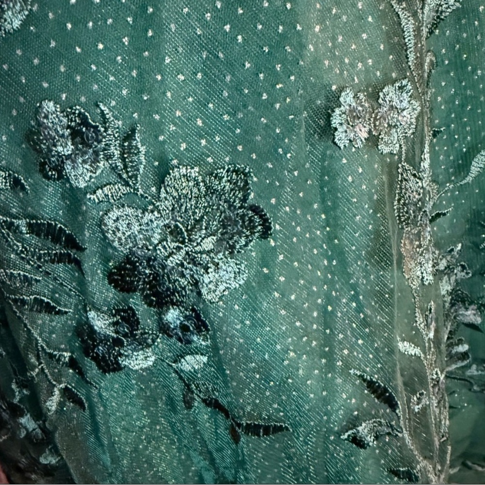 JJ’s House Dark Green Off Shoulder 8 Dress  Velvet Bodice Embroidered Euro Glam - Picture 5 of 10